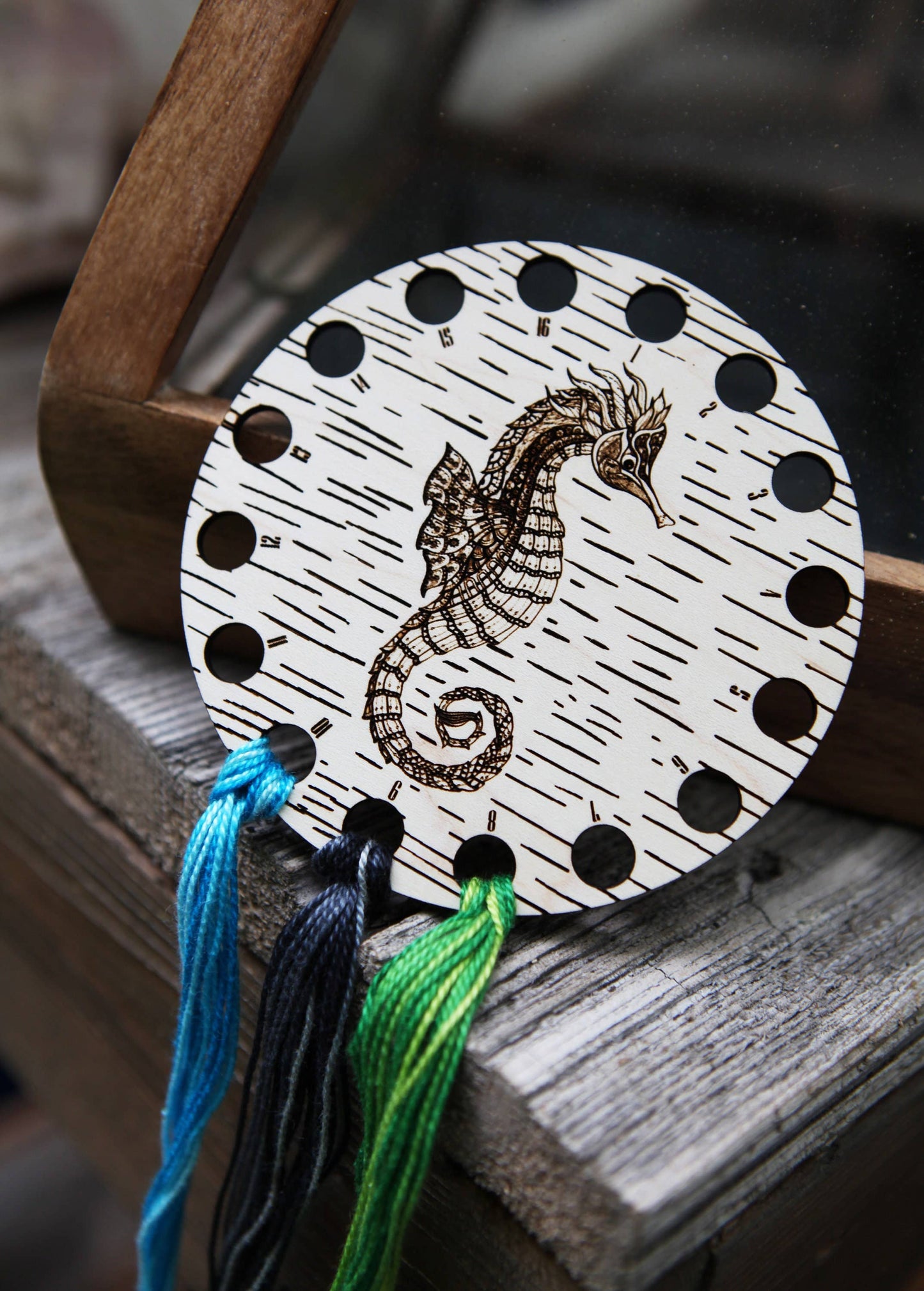 Seahorse Embroidery Floss Storage Holder Maple Wood Circle
