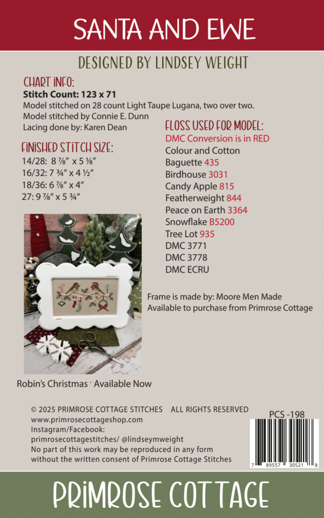 Santa and Ewe back cover — stitch count, fabric and floss information