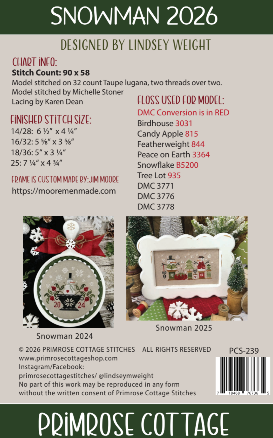 Snowman 2026 back cover — stitch count, fabric and floss information
