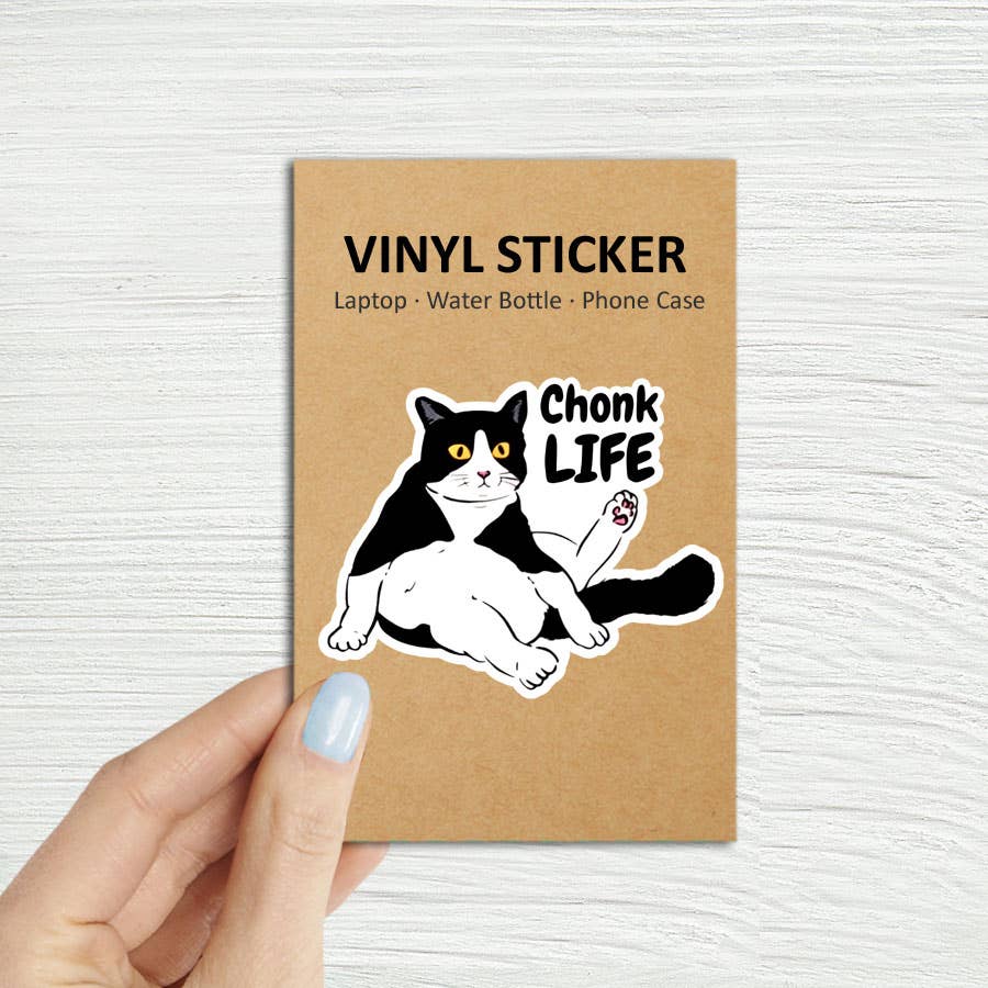 Chonk Life Fat Black Cat Laptop Water Bottle Sticker
