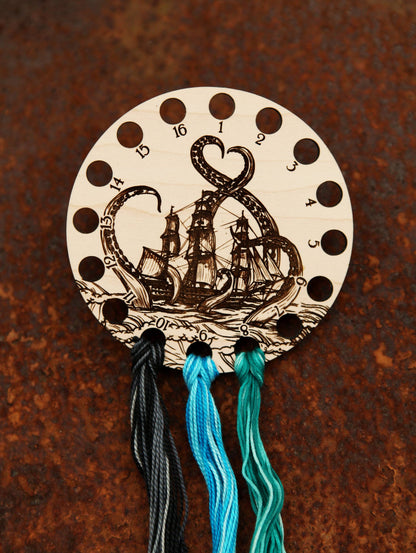 Kraken Squid Ship Embroidery Floss Storage Organizer