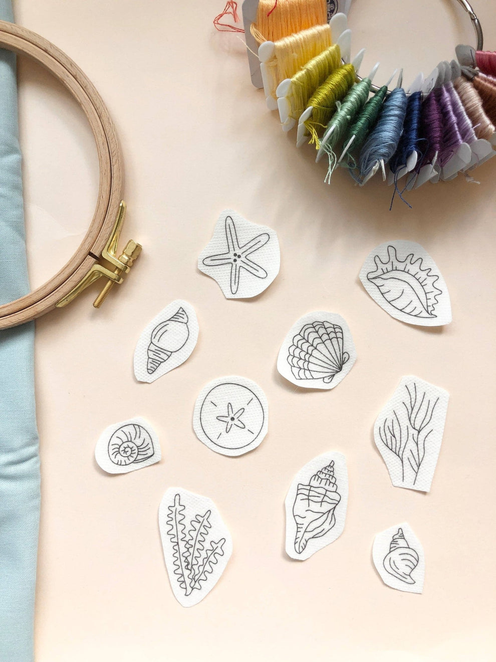 Basic Shell Embroidery Seashells Hand Embroidery Peel Stick & Stitch Pattern – Colour and Cotton