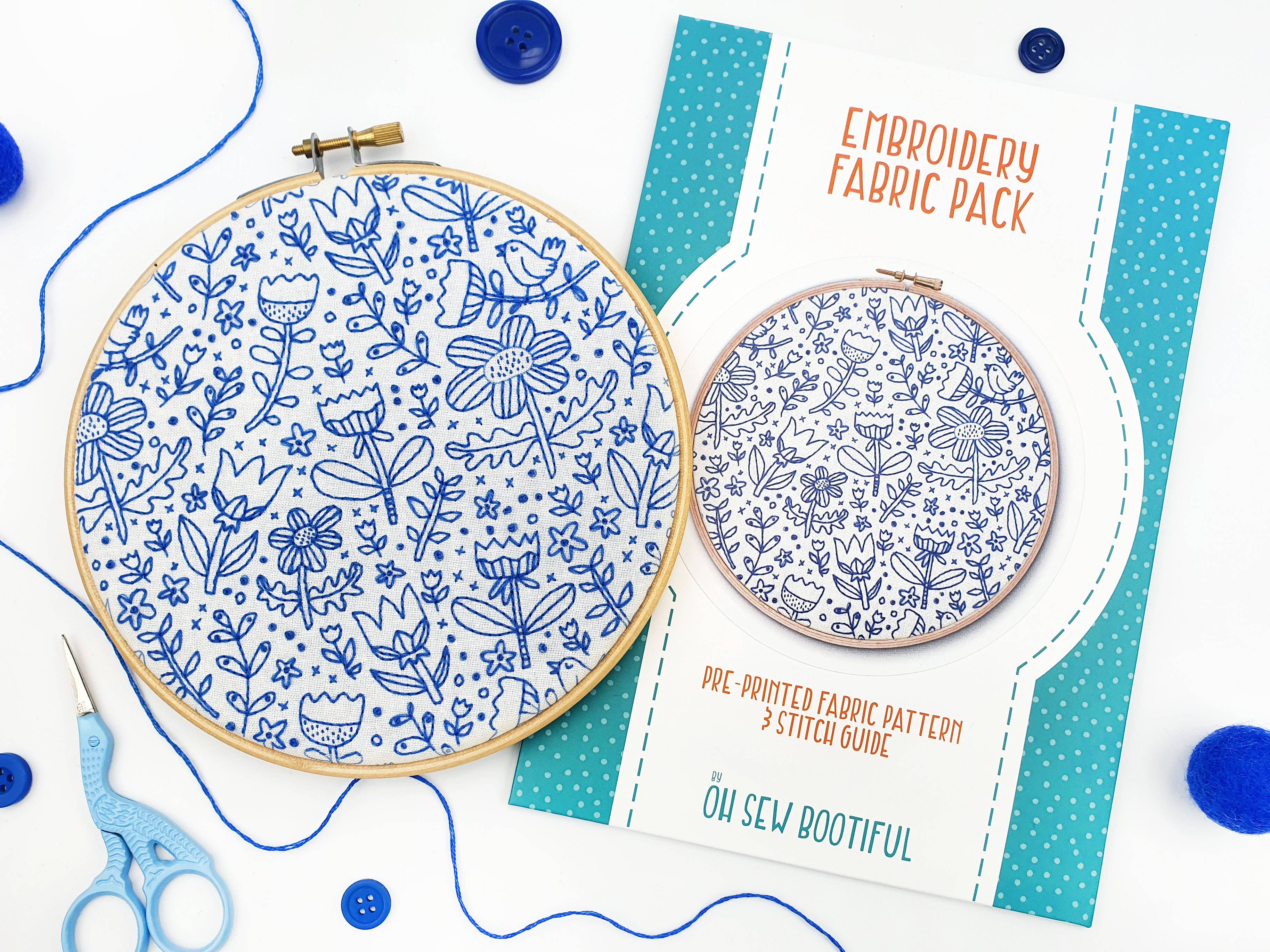 Embroidary Pattern Fabric Doodle Flowers Handmade Embroidery Pattern Fabric Pack – Colour and Cotton