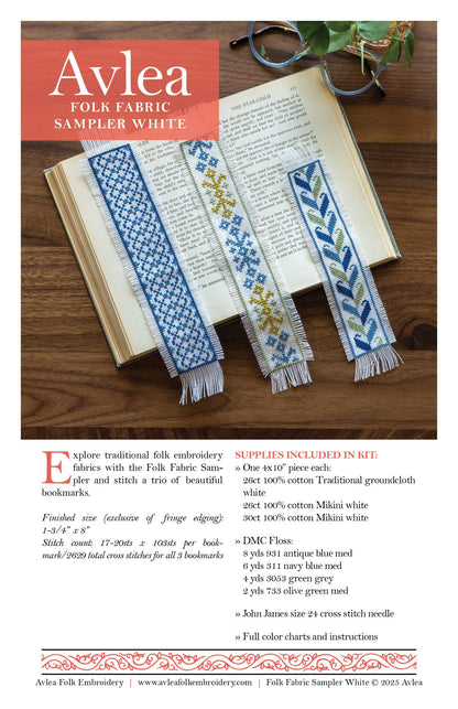 Folk Fabric Sampler White Cross Stitch Kit