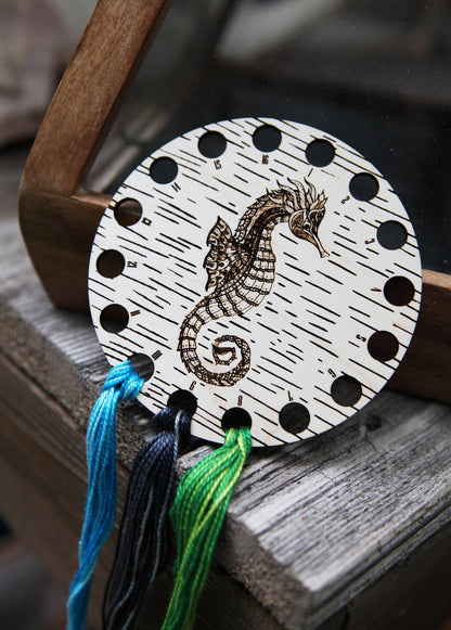 Seahorse Embroidery Floss Storage Holder Maple Wood Circle