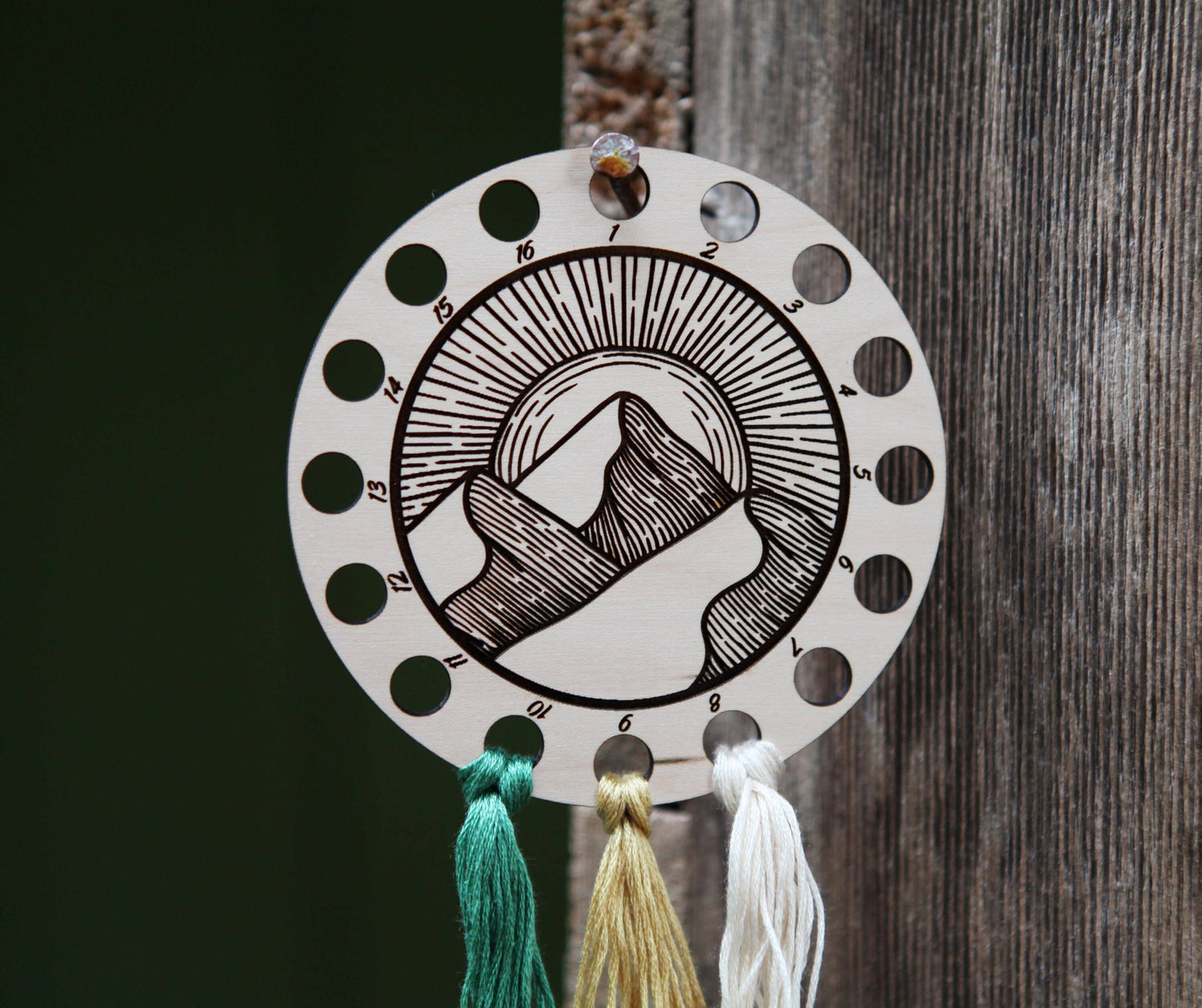 Mountains & Sun Maple Wood Embroidery Floss Holder