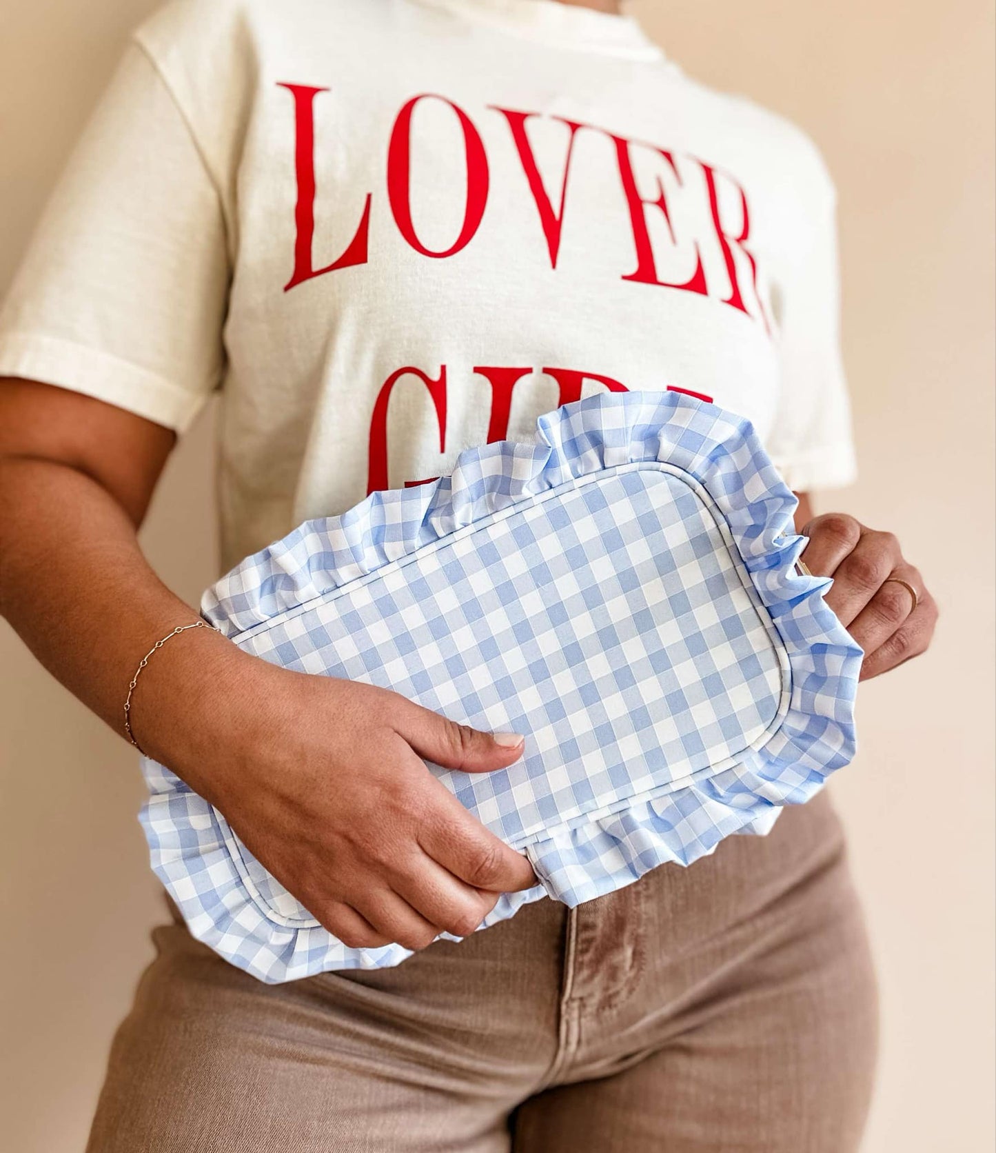 Gingham Ruffle Zipper Pouch Embroidery Friendly Cosmetic Bag