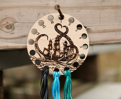 Kraken Squid Ship Embroidery Floss Storage Organizer