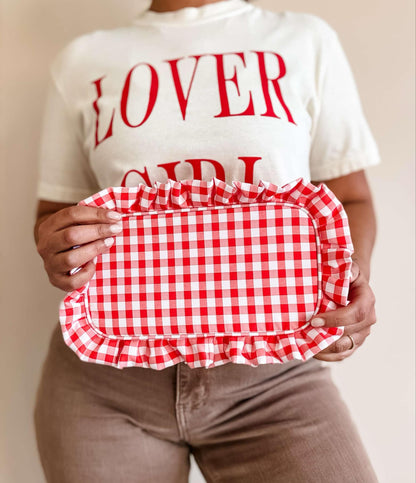 Gingham Ruffle Zipper Pouch Embroidery Friendly Cosmetic Bag