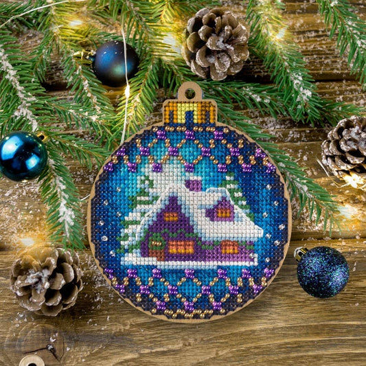 Wood Cross Stitch Kit Snowy Cabin