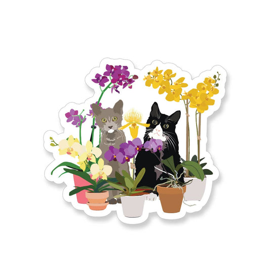 Two Cats with Orchids Vinyl Sticker