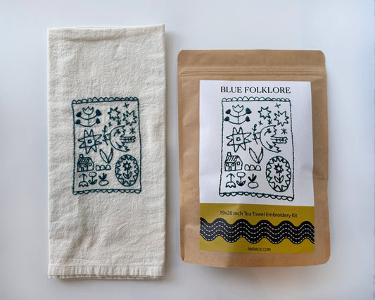Blue Folklore Embroidery Tea Towel Kit