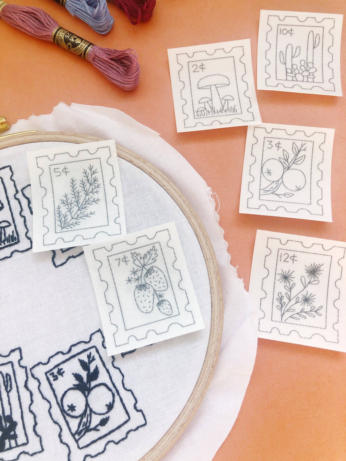 Botanical Stamps Hand Embroidery Peel Stick & Stitch Pattern