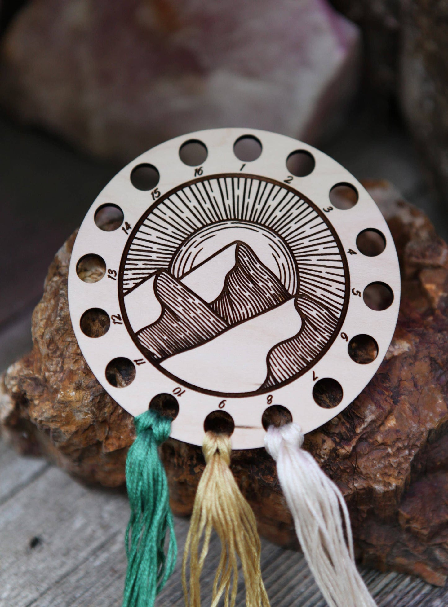 Mountains & Sun Maple Wood Embroidery Floss Holder
