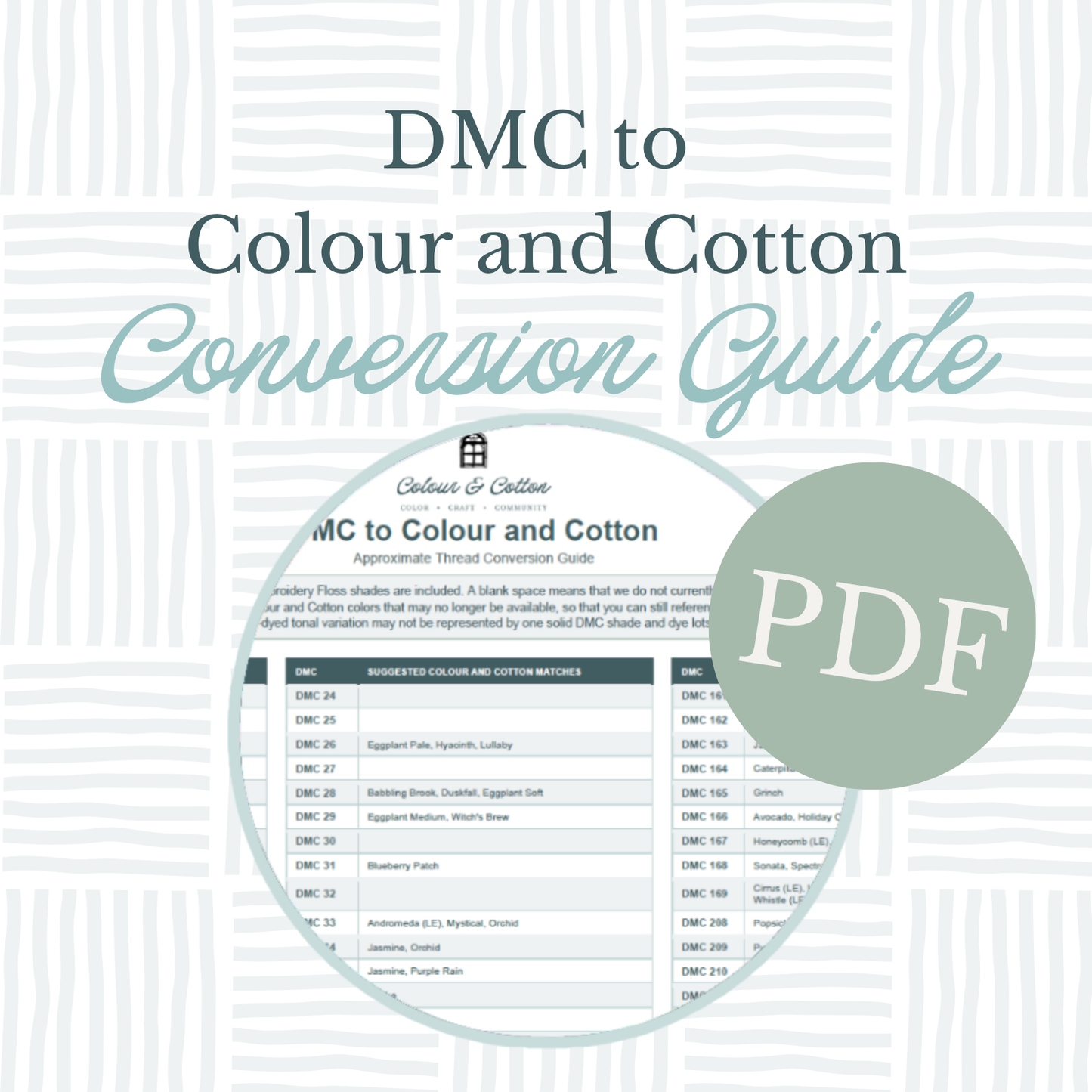 Printable DMC thread conversion chart with Colour and Cotton floss matches