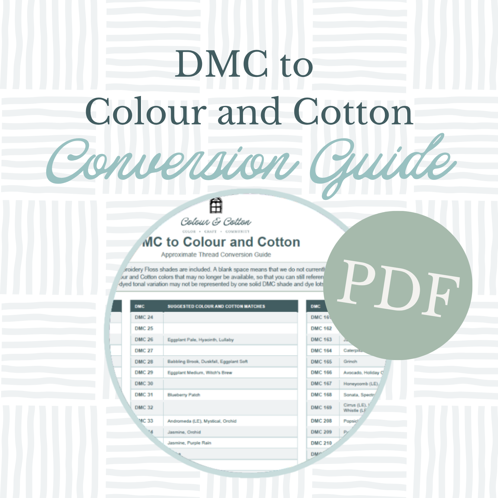 Printable DMC thread conversion chart with Colour and Cotton floss matches