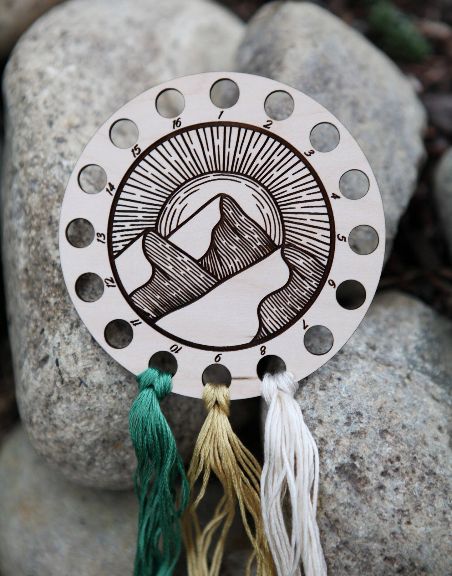 Mountains & Sun Maple Wood Embroidery Floss Holder