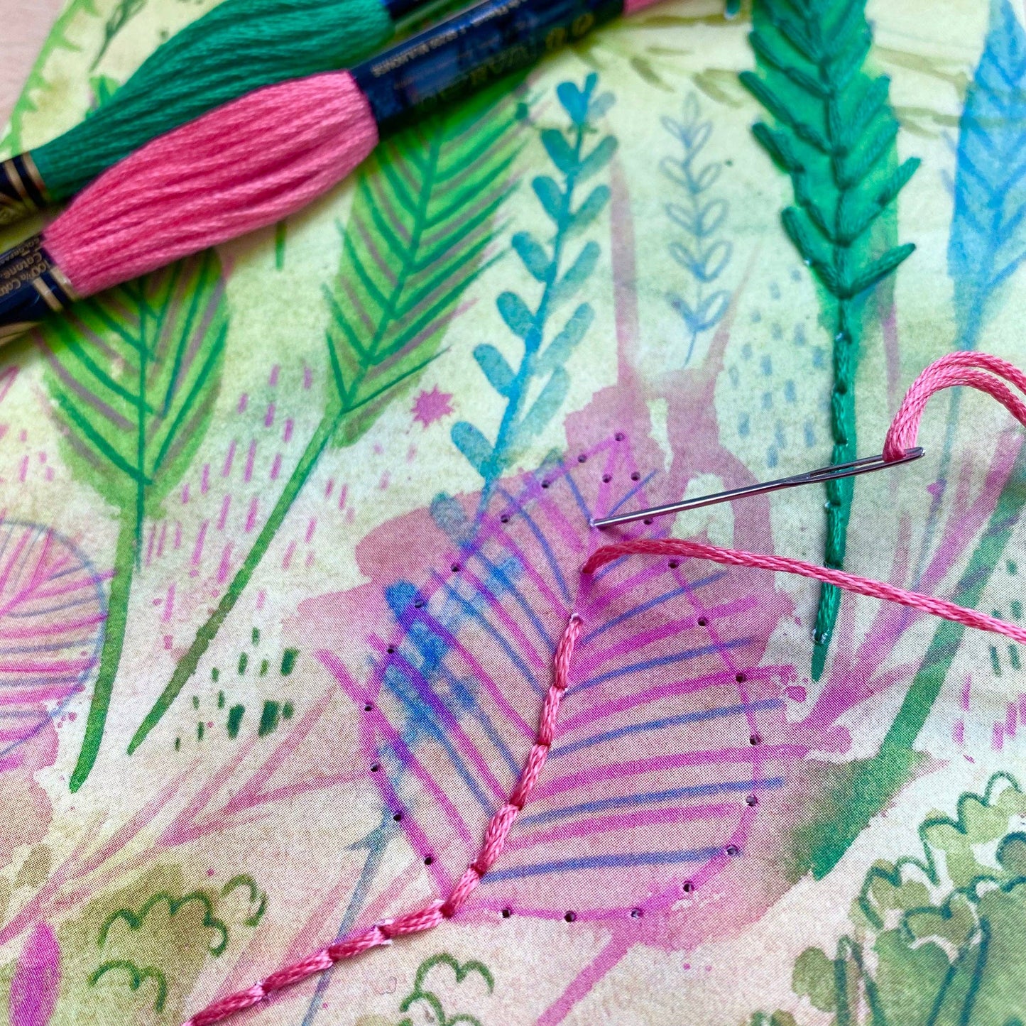 Pink and Green Spring Floral Paper Embroidery Kit