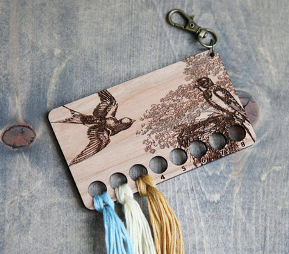 Cherry Wood Barn Swallow Embroidery Floss Storage Holder