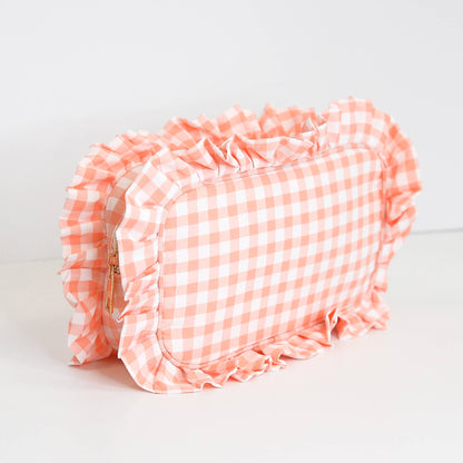 Gingham Ruffle Zipper Pouch Embroidery Friendly Cosmetic Bag