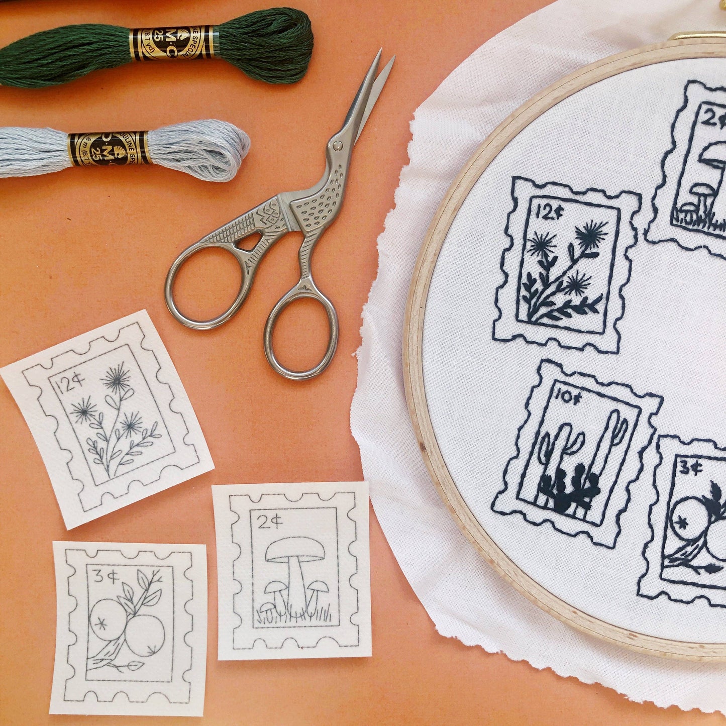 Botanical Stamps Hand Embroidery Peel Stick & Stitch Pattern