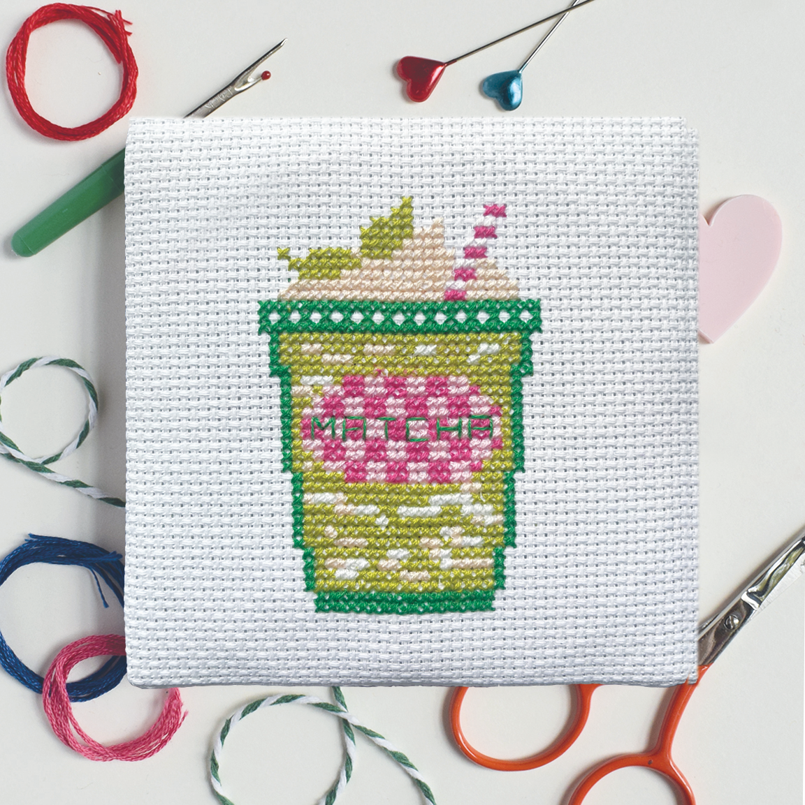 Iced Matcha Latte Mini Cross Stitch Kit