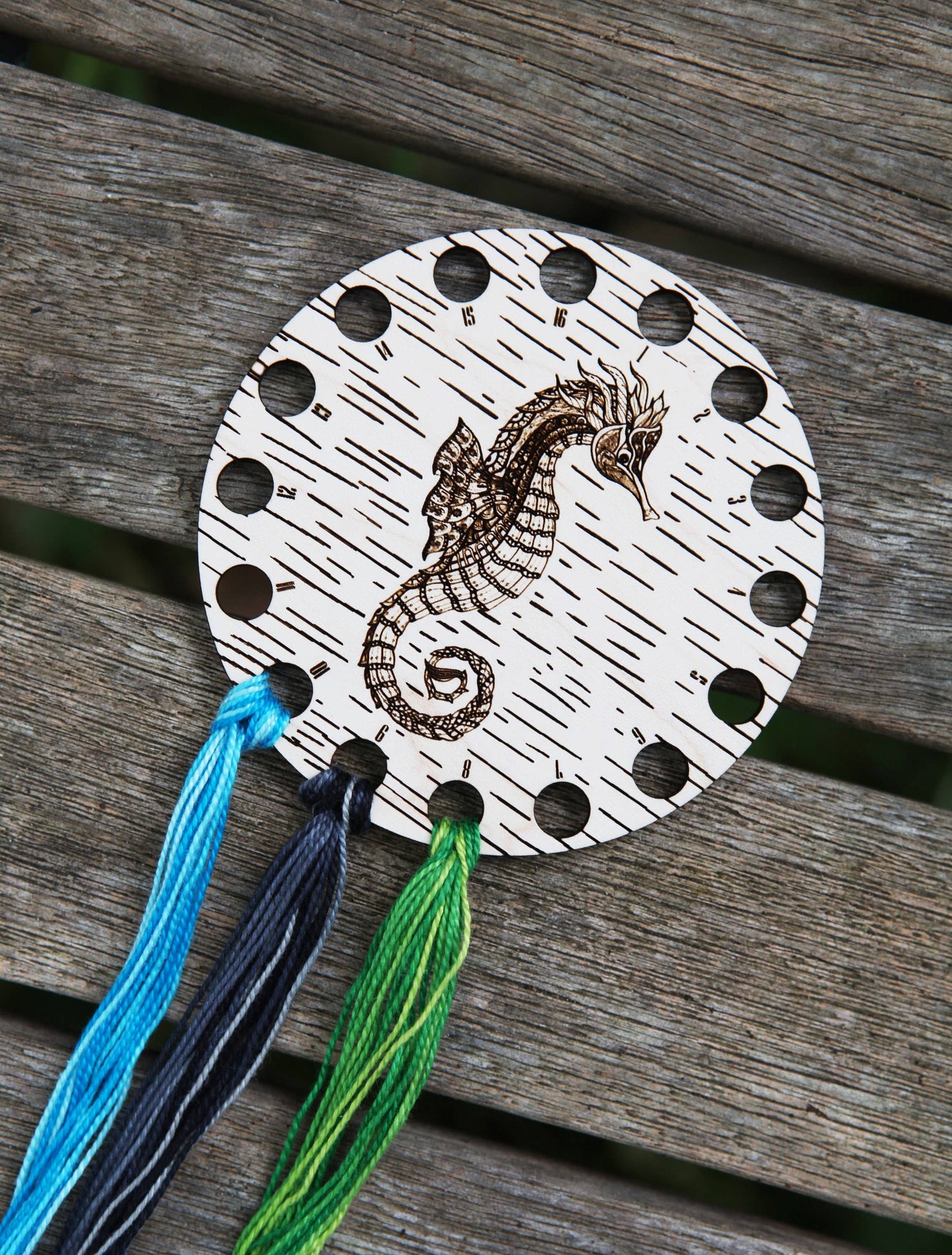 Seahorse Embroidery Floss Storage Holder Maple Wood Circle