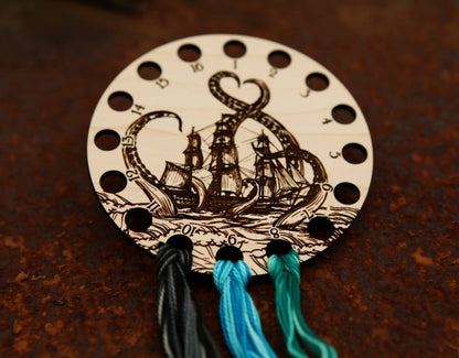 Kraken Squid Ship Embroidery Floss Storage Organizer