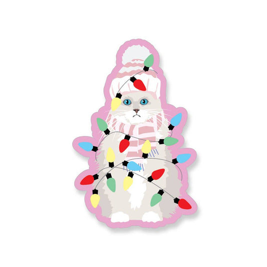 Holiday Fluffy Cat with Christmas Lights Vinyl Sticker
