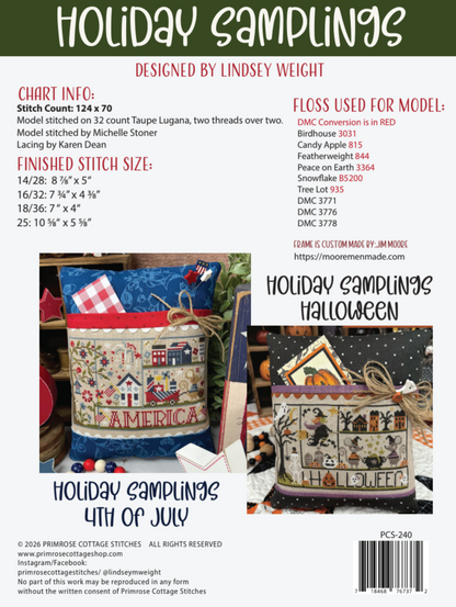 Holiday Samplings Christmas back cover — stitch count, fabric and floss information