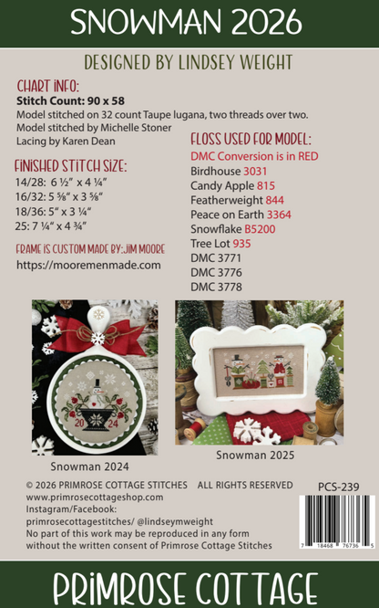 Snowman 2026 back cover — stitch count, fabric and floss information