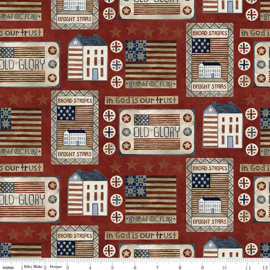 CLEARANCE PER YARD Bright Stars Houses and Flags Red by Teresa Kogut #C13101 Red